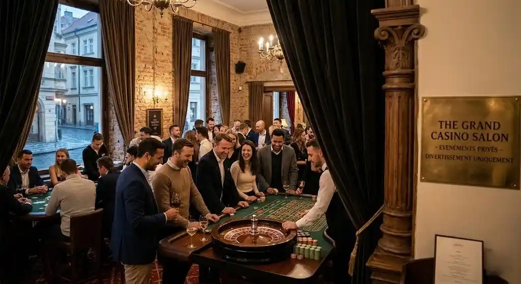 Ekskluzywne miejsce offline przeznaczone do organizacji imprez, oferujące płatne rezerwacje na sesje gier hazardowych (ruletka, poker, blackjack) wyłącznie w celach rozrywkowych